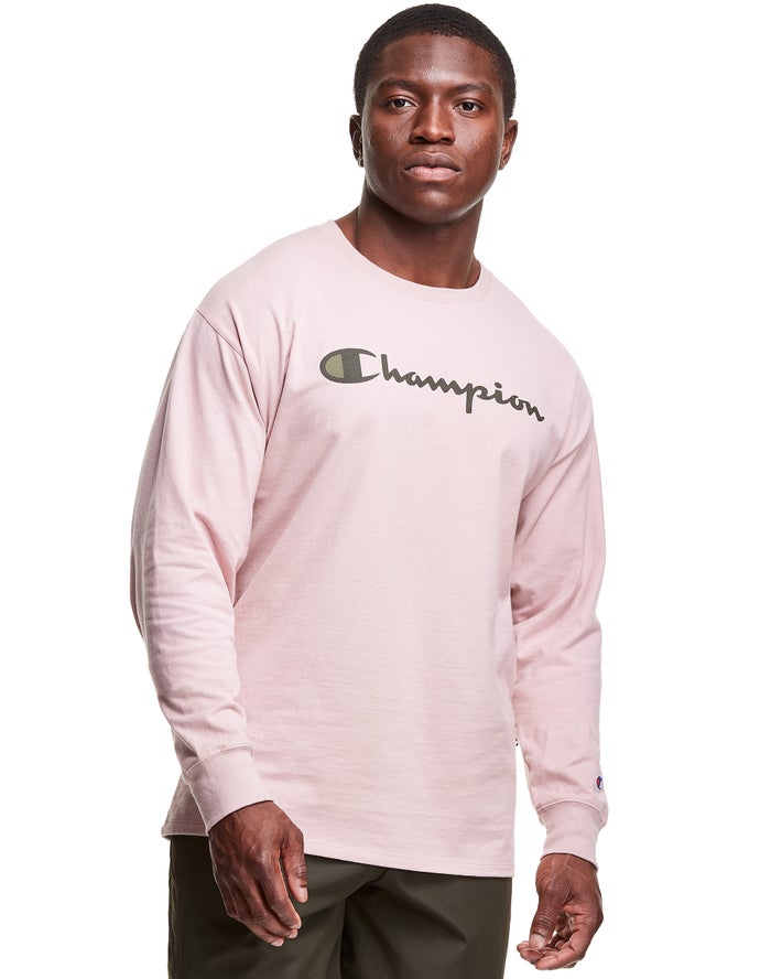 Champion Classic Long-Sleeve Script Logo Erkek Tişört Pembe ( WYCQDR247 )